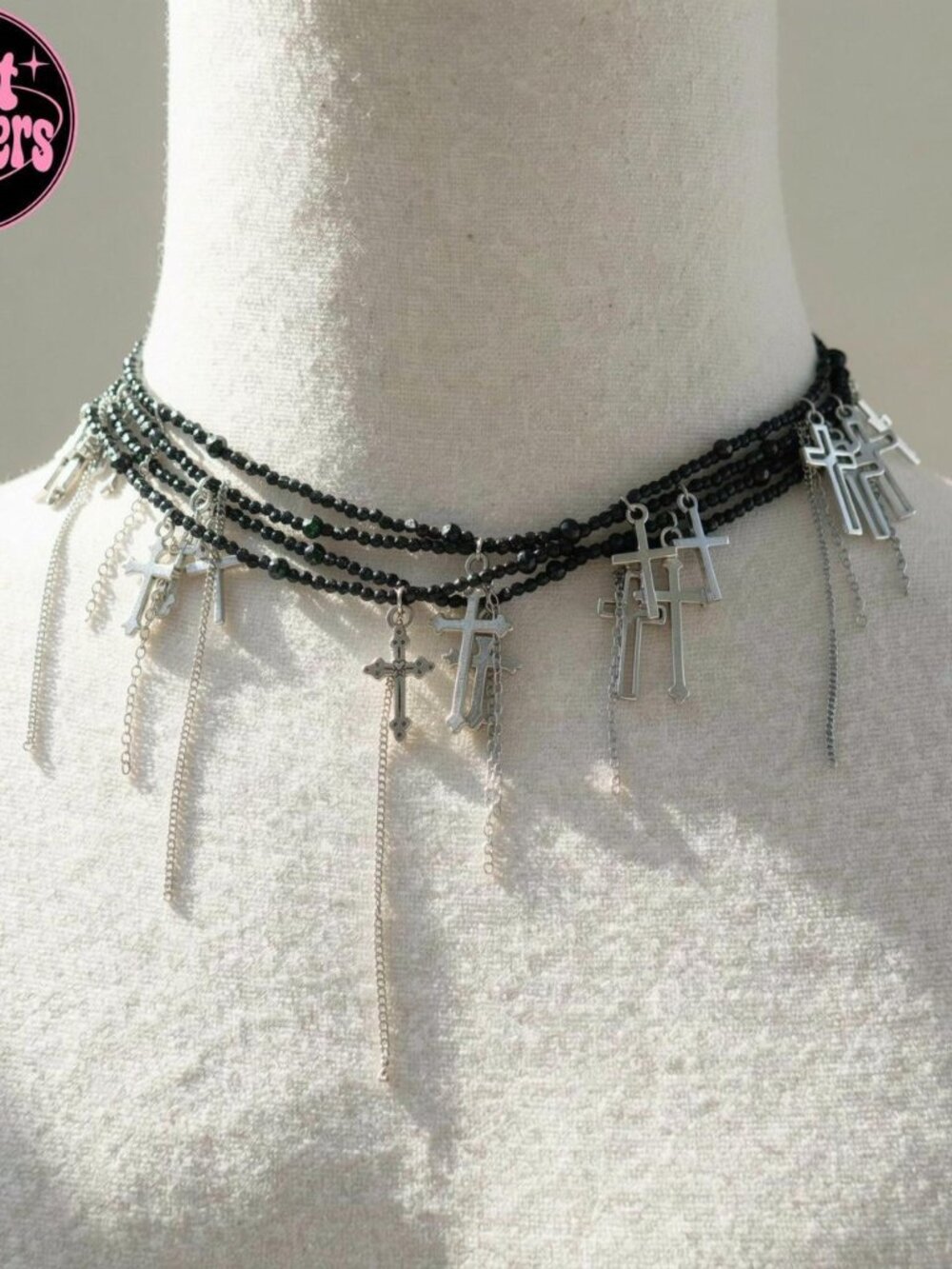 Y2K 2000s style Black beaded cross necklace with silver cross charms and chains